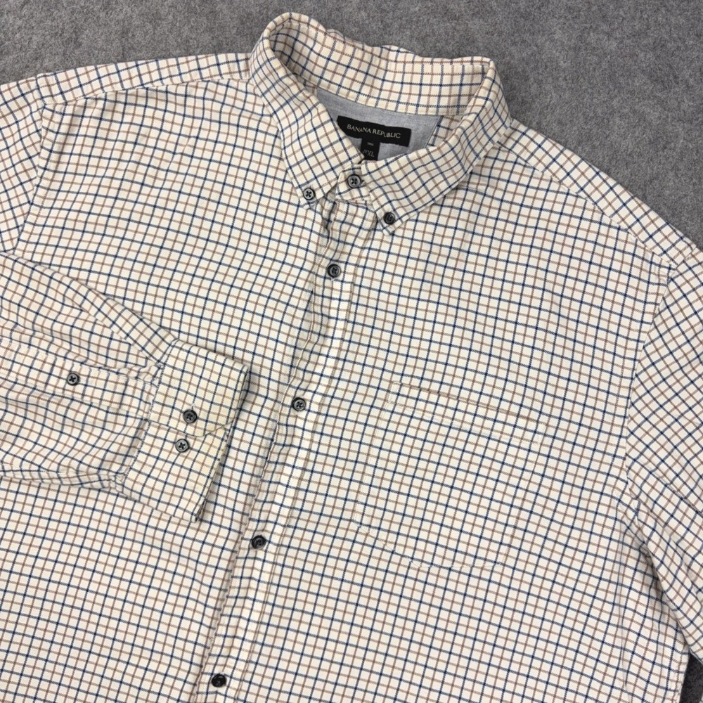 Banana Republic Shirt Mens Tall XXL Cream Blue Tan Windowpane Check Cotton Big